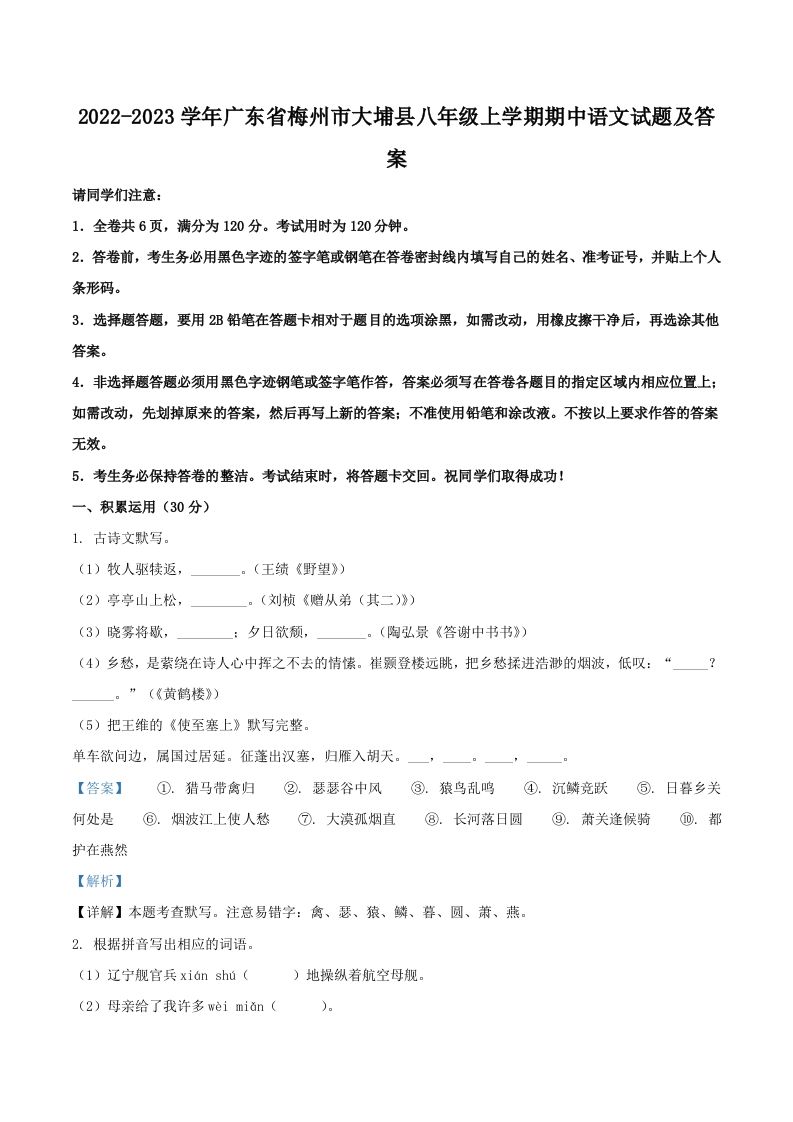 2022-2023学年广东省梅州市大埔县八年级上学期期中语文试题及答案(Word版)