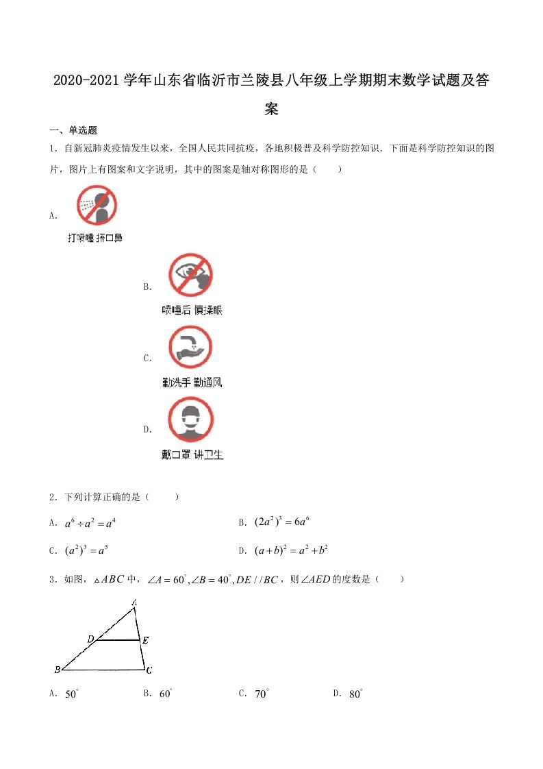 2020-2021学年山东省临沂市兰陵县八年级上学期期末数学试题及答案(Word版)