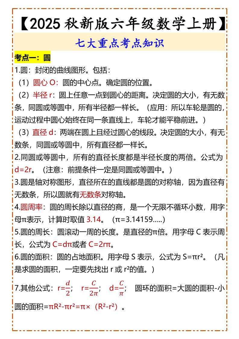 【2025秋新版】【六年级数学上册】七大重点考点知识