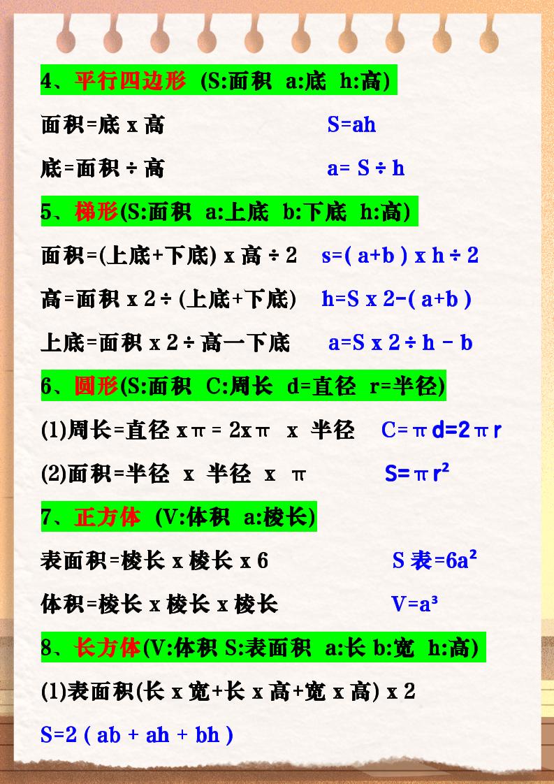 【2025秋新版】六年级数学上册期中复习公式大全图形计算公式