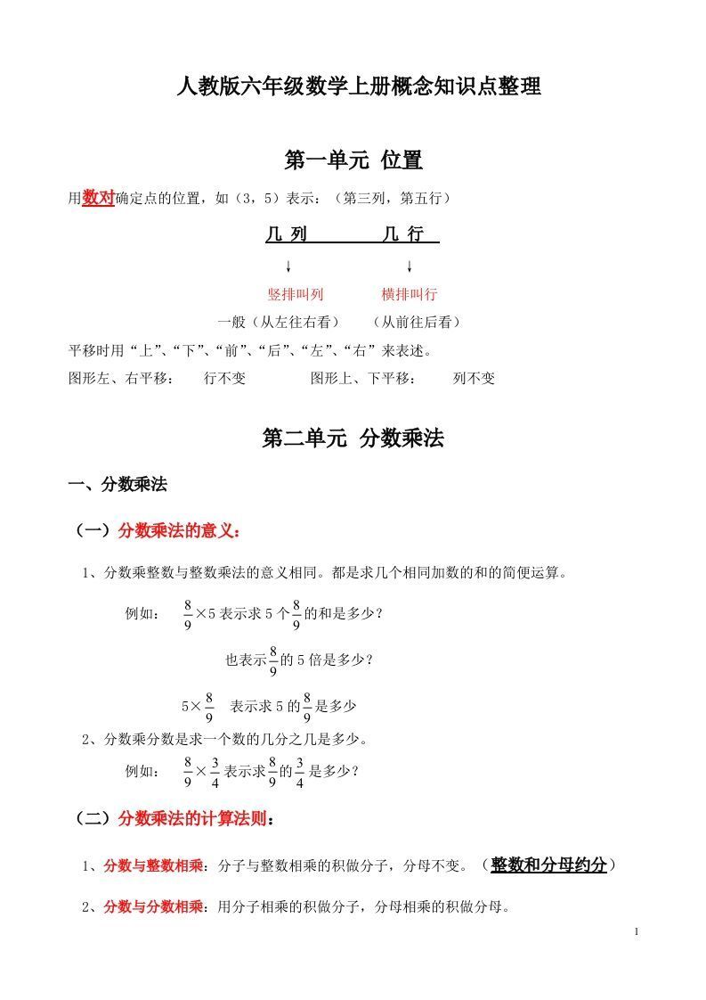 人教版六年级数学上册概念知识点整理