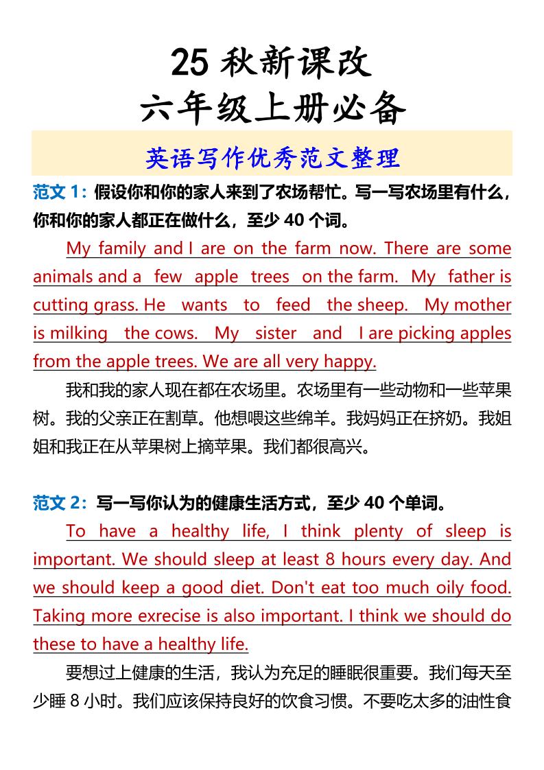【2025秋新版】六年级上册必备英语写作优秀范文整理
