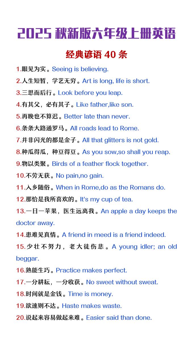 【2025秋新版】六年级上册英语经典谚语40条