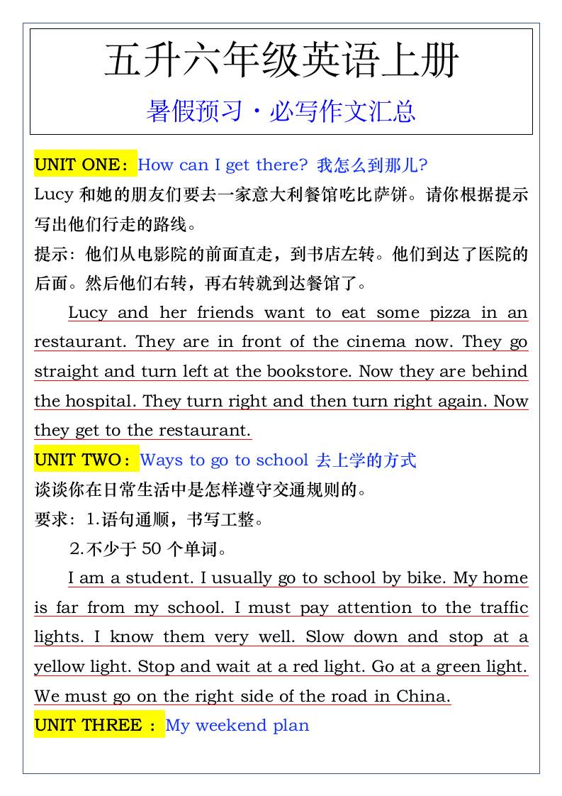 五升六年级英语上册暑假预习·必写作文汇总-六上英语