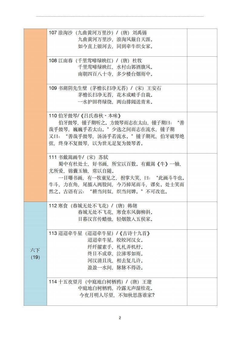 【古诗文背诵记录表】六年级语文