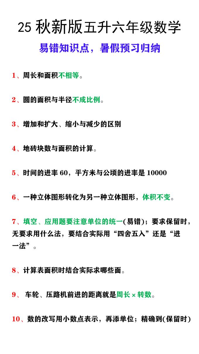 【2025秋新版】五升六年级上册数学易错知识点，暑假预习归纳