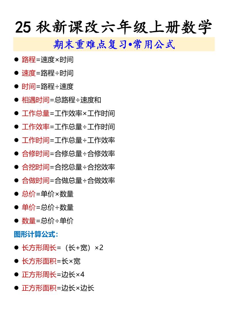 【2025秋新版】六年级上册数学期末重难点复习•常用公式