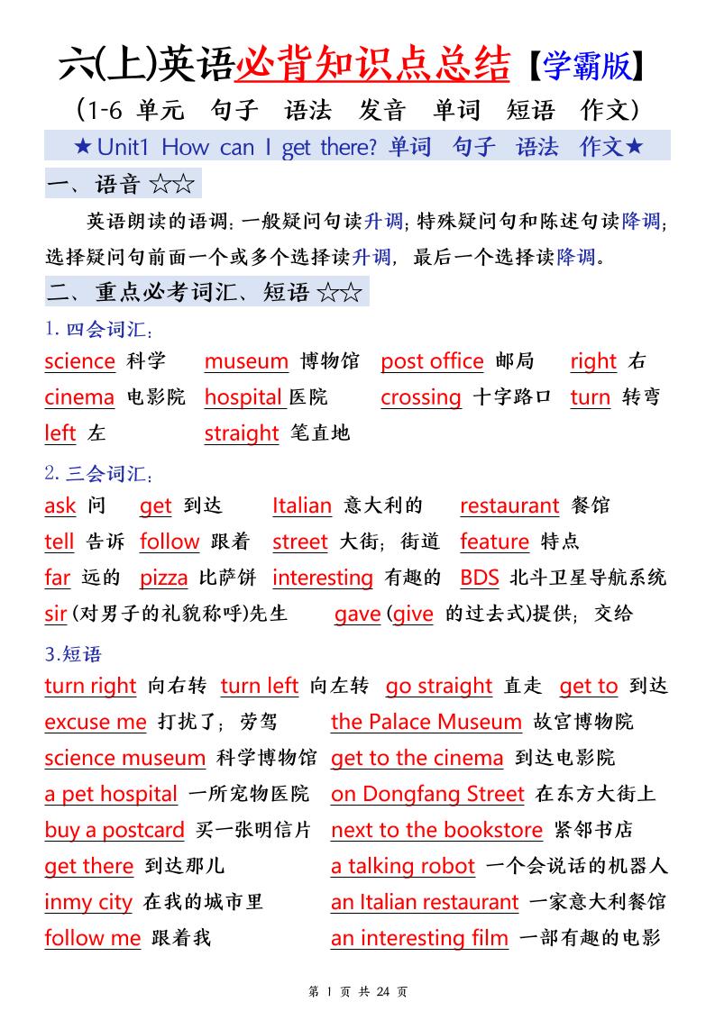 25年秋六上英语必备知识点汇总（单词+短语+句型+语法+写作）24页