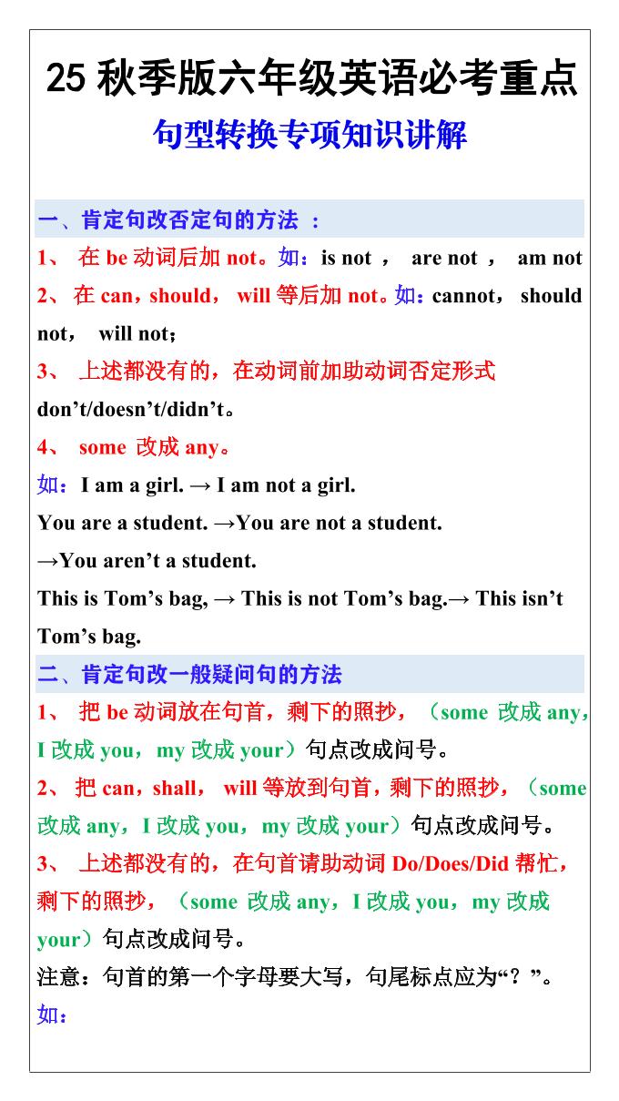 【2025秋新版】六年级英语必考重点：句型转换专项知识讲解-六上英语