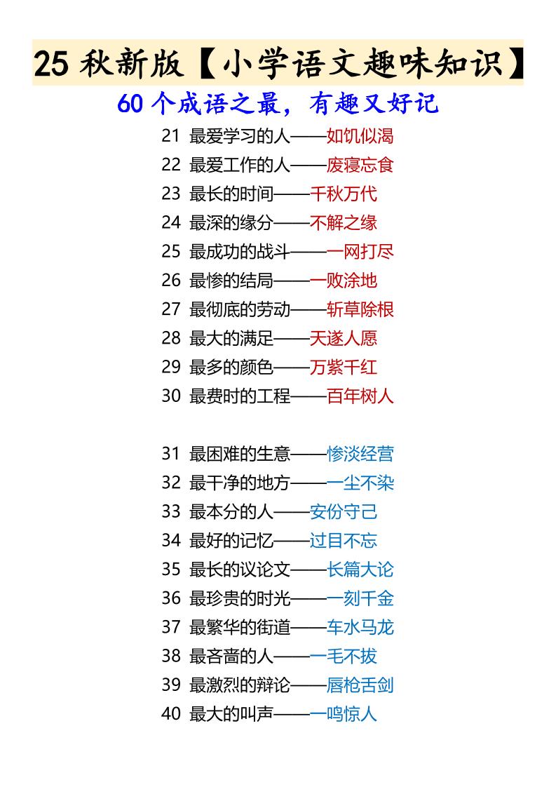 【2025秋新版】【小学语文趣味知识】60个成语之最，有趣又好记-六上语文