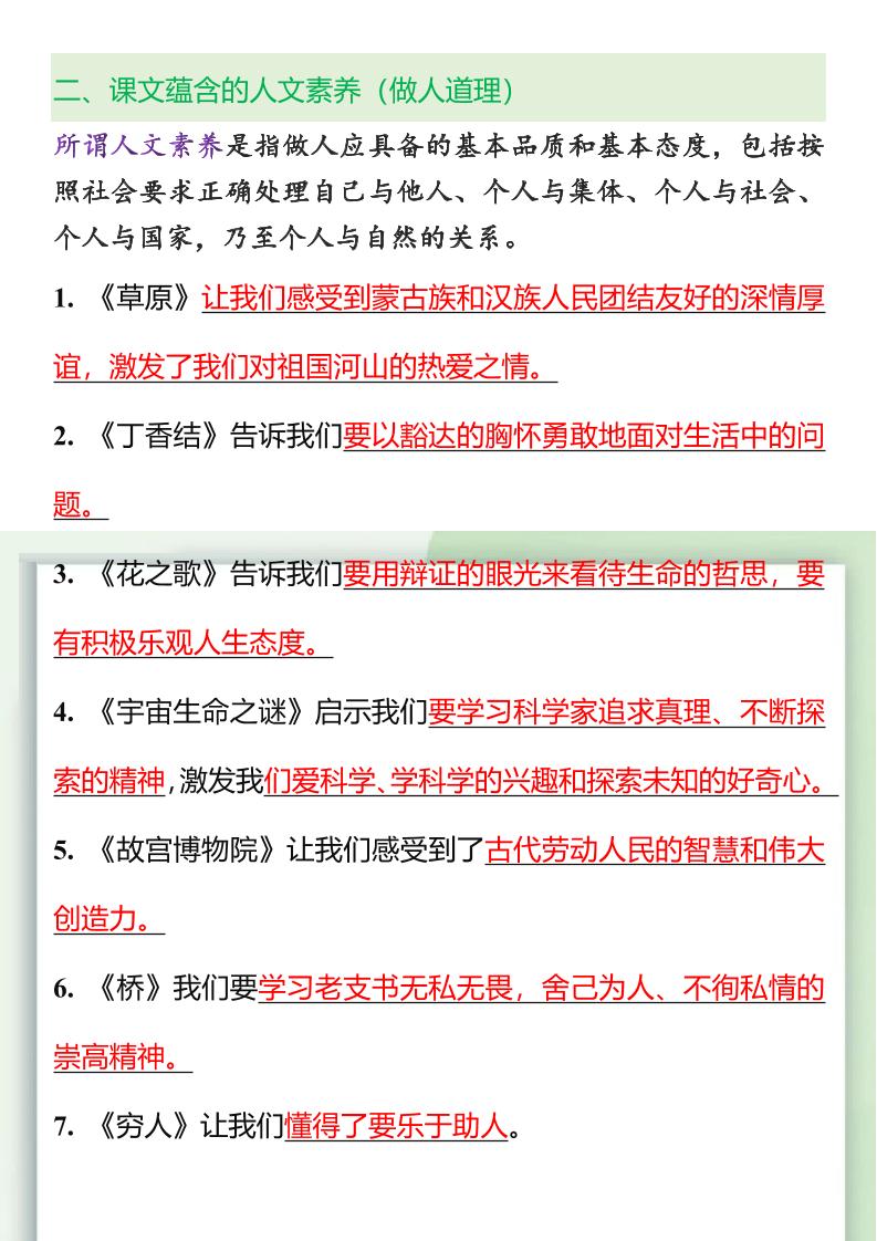 【2025秋新版】五升六重点课文人物事物特点+做人道理-六上语文