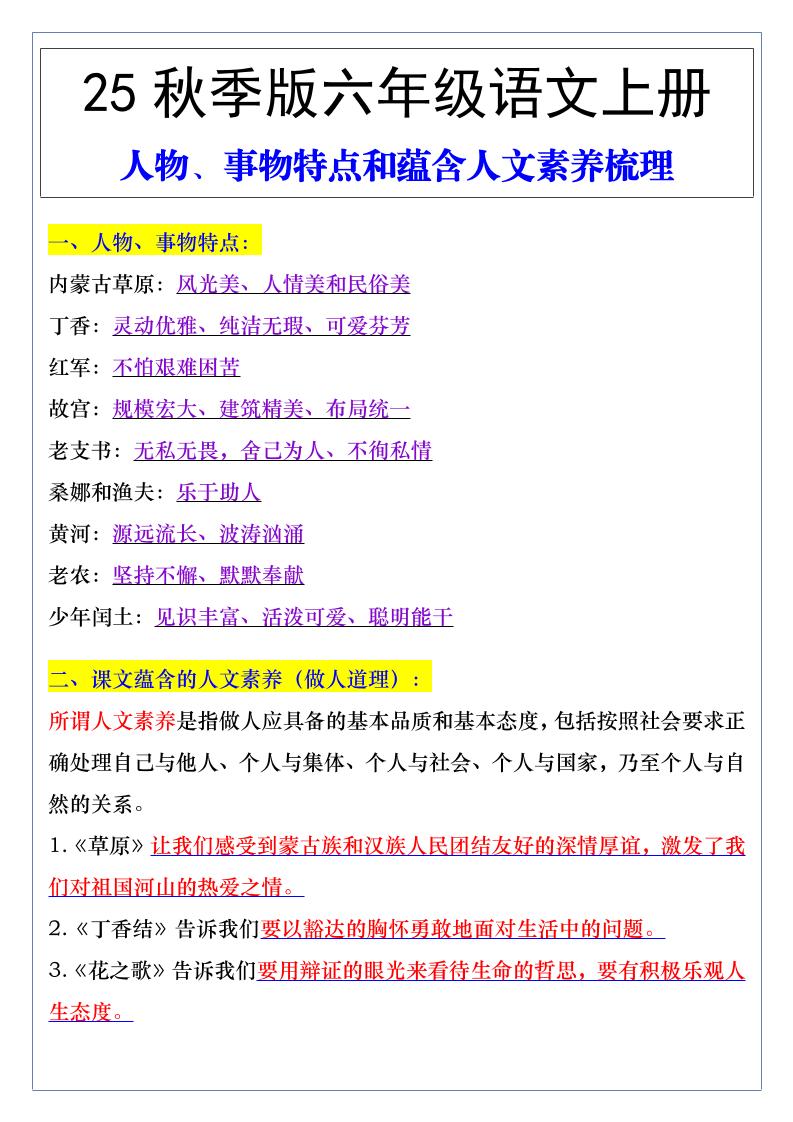 【2025秋新版】六年级语文上册人物、事物特点和蕴含人文素养梳理