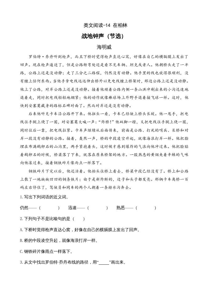 六年级语文上册类文阅读14在柏林（部编版）