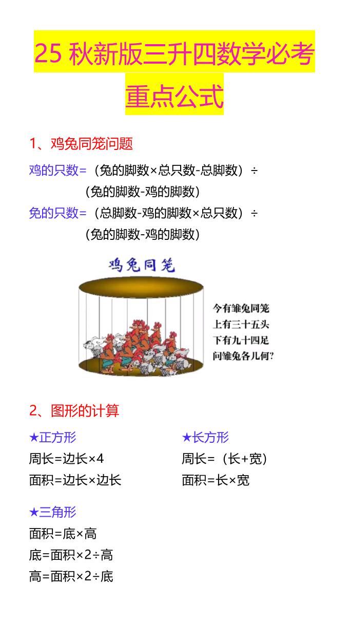 【2025秋新版】三升四数学必考重点公式-四上数学