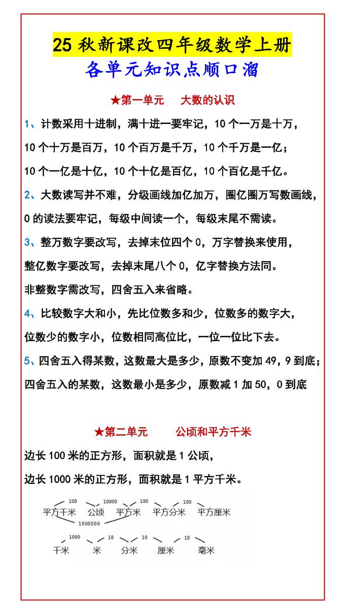 【2025秋新版】四年级数学上册各单元知识点顺口溜