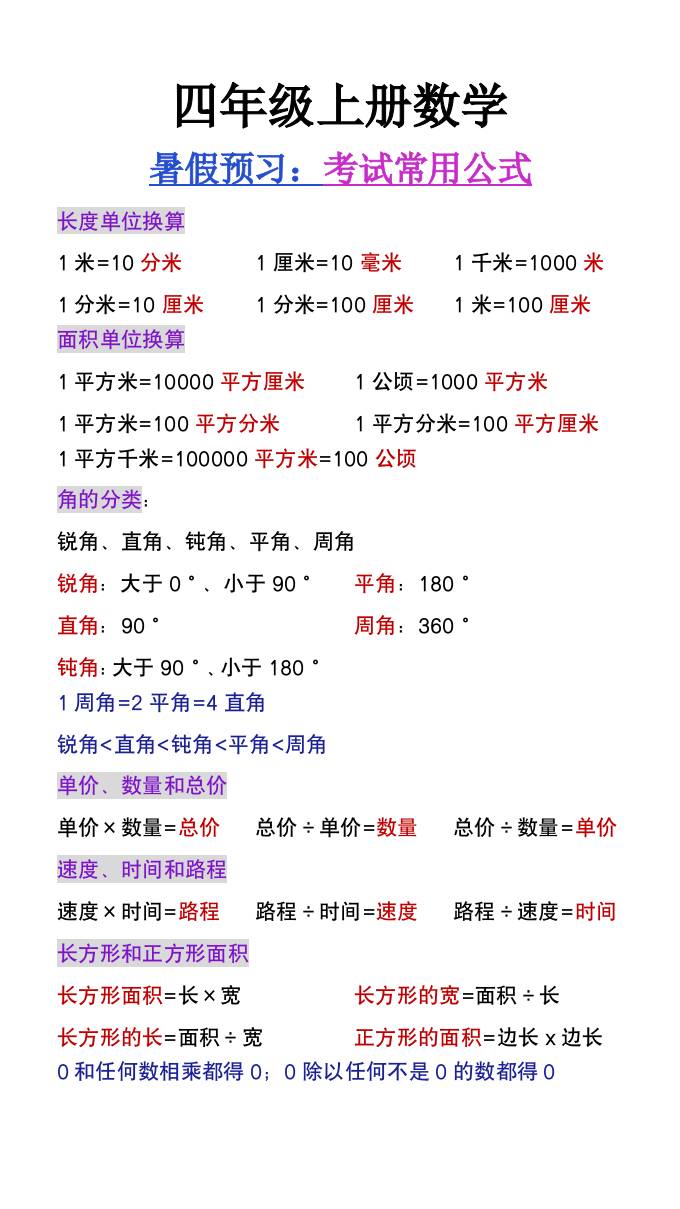 三升四年级数学暑假必背常考公式大全-四上数学