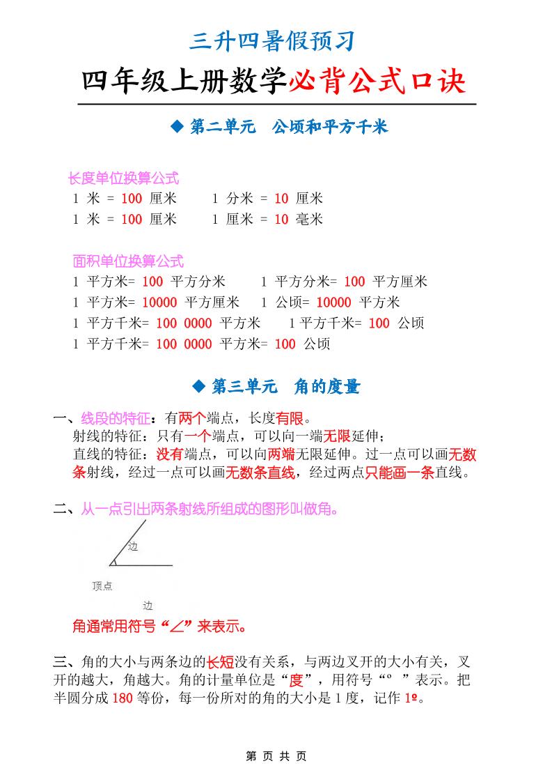 三升四暑假预习四上数学必背公式口诀（9页）-四上数学