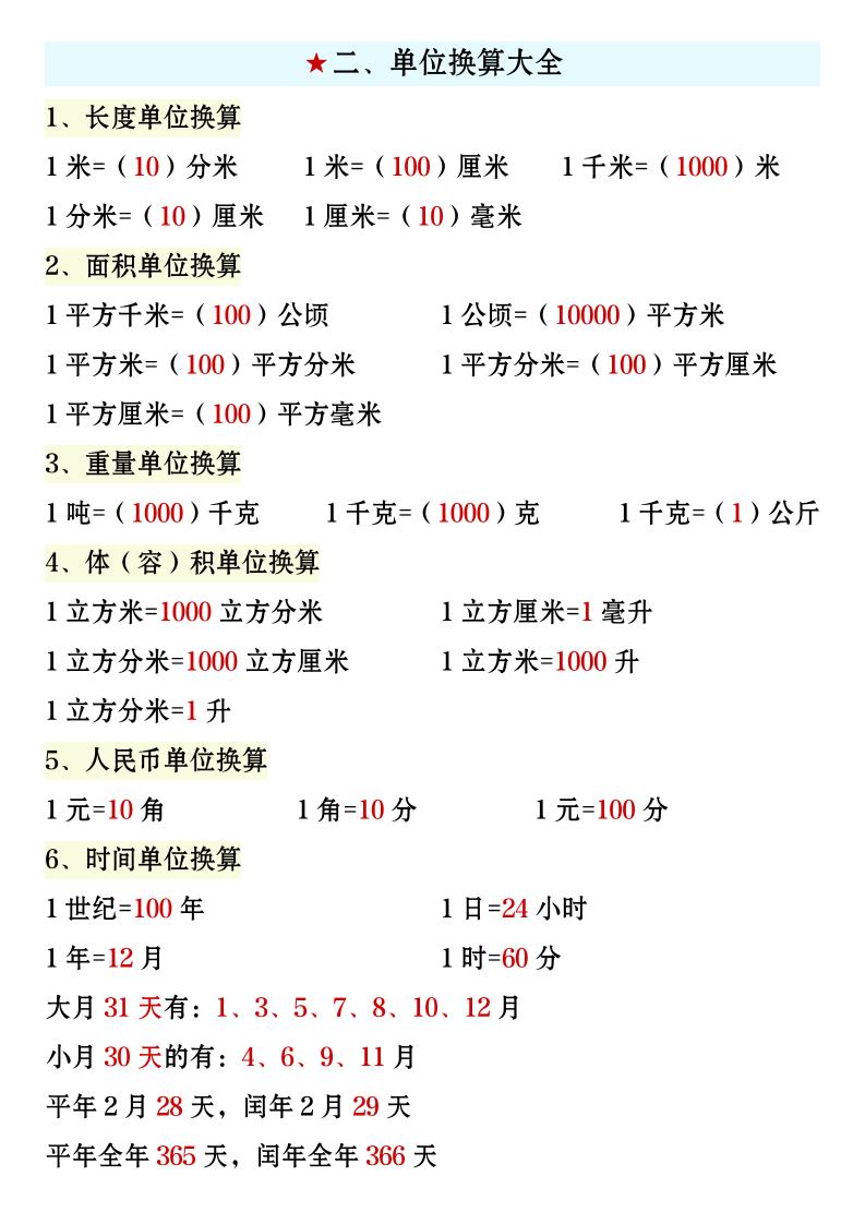 四年级上册数学必背知识汇总