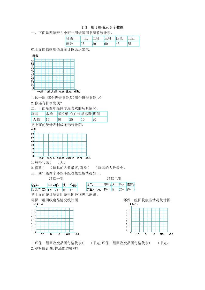 四年级数学上册7.3用1格表示5个数据（人教版）