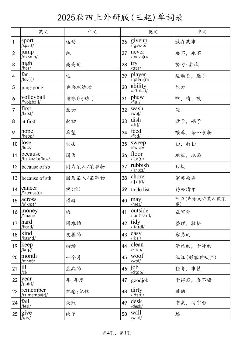 2025秋四上英语外研版(三起)单词表