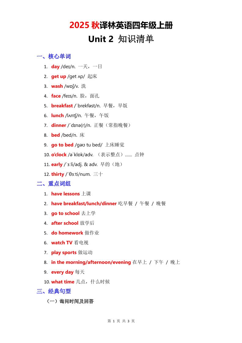 2025秋译林英语四上Unit2知识清单