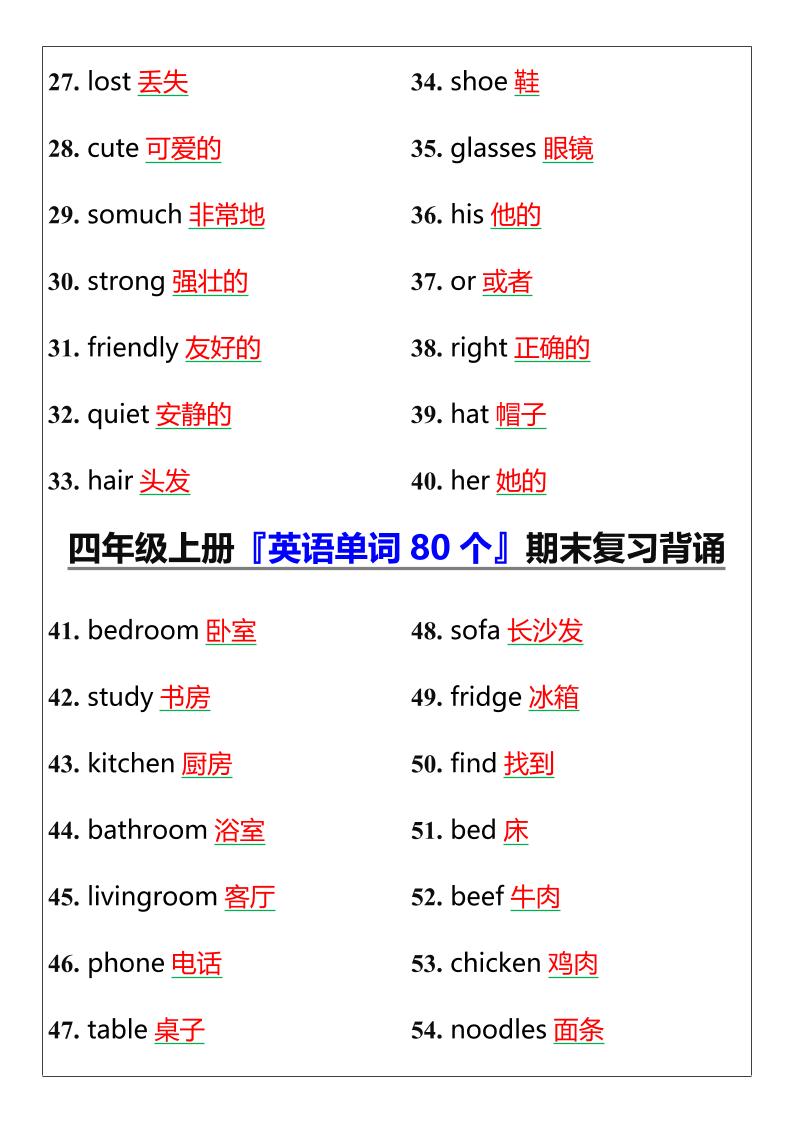【2025秋新版】四年级上册『英语单词80个』期末复习背诵