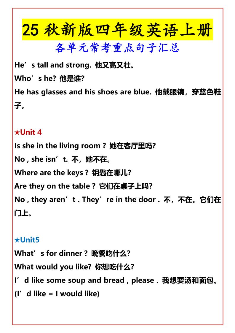 【2025秋新版】四年级英语上册各单元常考重点句子汇总