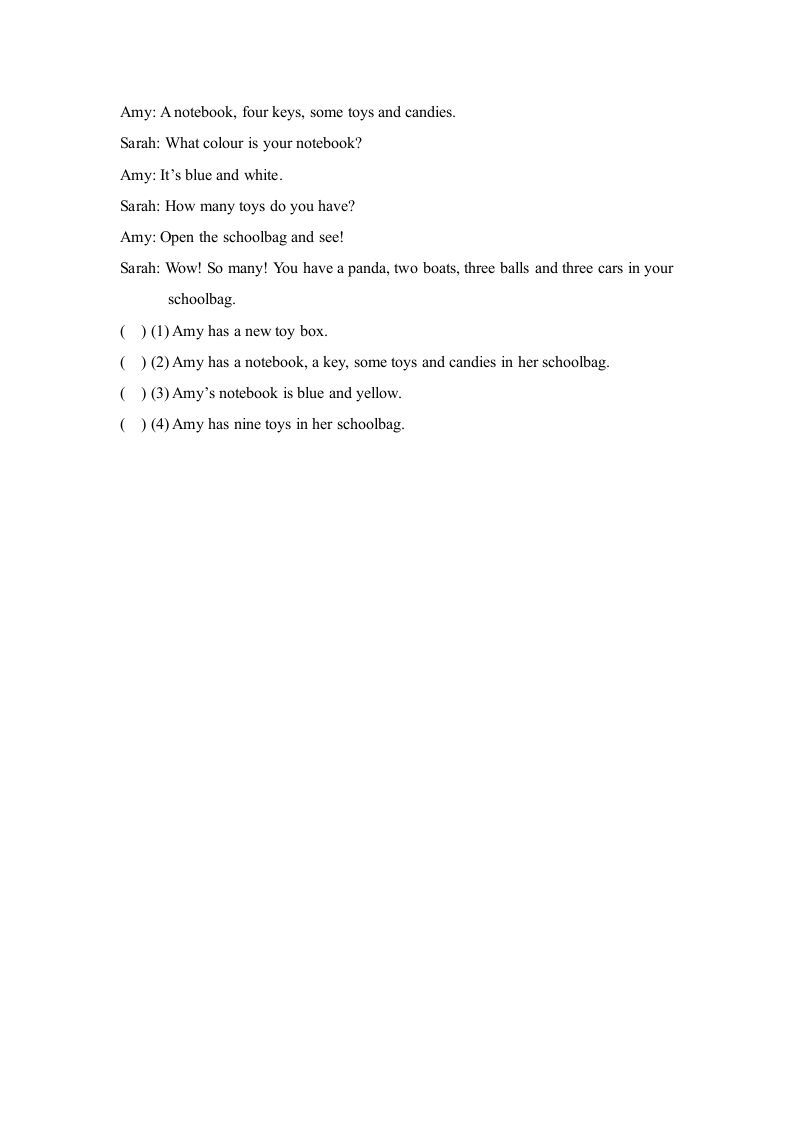 四年级英语上册Unit2_B_阶段训练（人教版一起点）