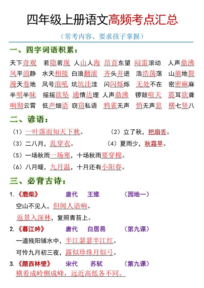 全册高频考点归类（节选）】四上语文