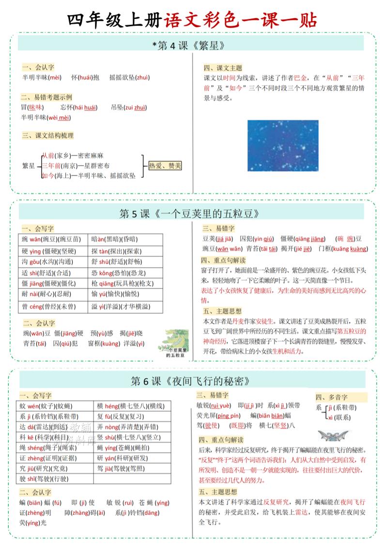 四年级上语文彩色一课一贴
