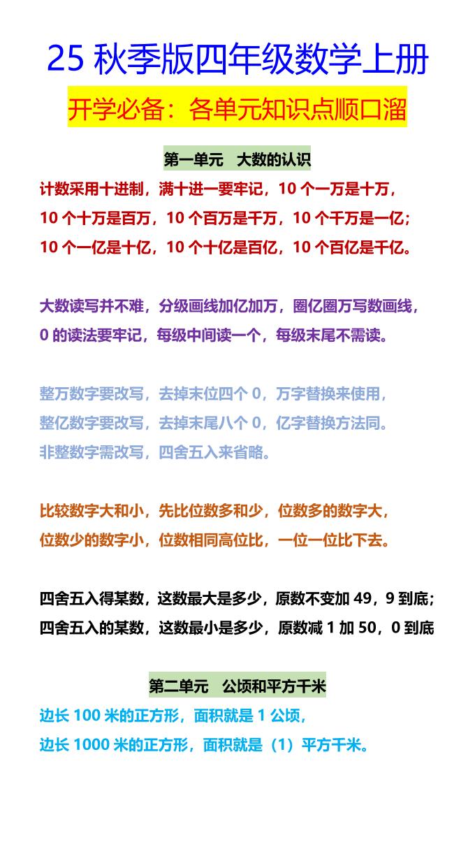 【2025秋新版】四年级数学上册开学必备：各单元知识点顺口溜