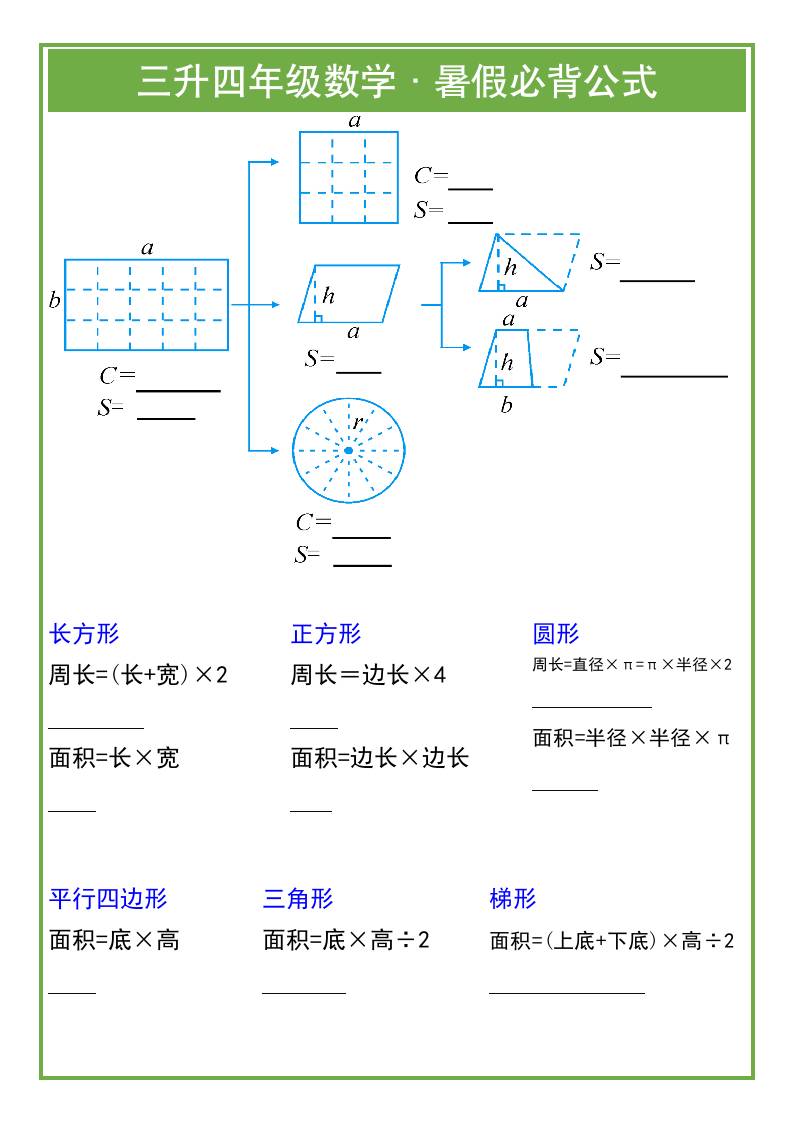 三升四年级数学暑假必背公式-四上数学