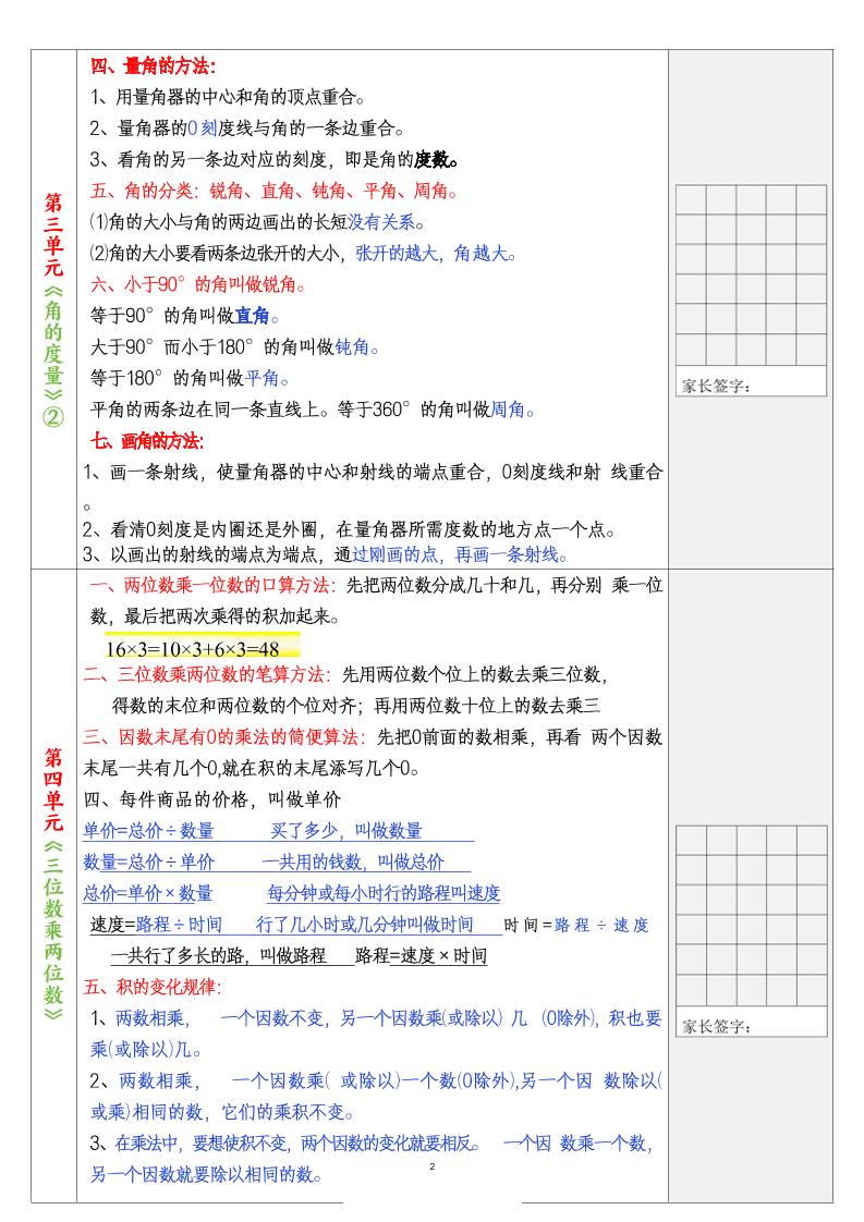 四上数学暑假预习30天背诵表5页