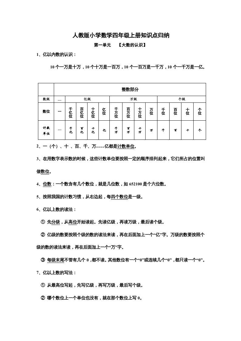 四年级数学上册知识点归纳总结（人教版）