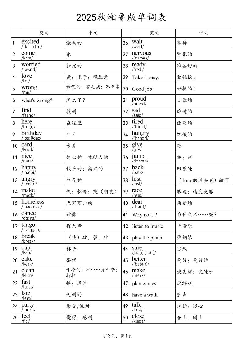 2025秋四上英语湘鲁版单词表