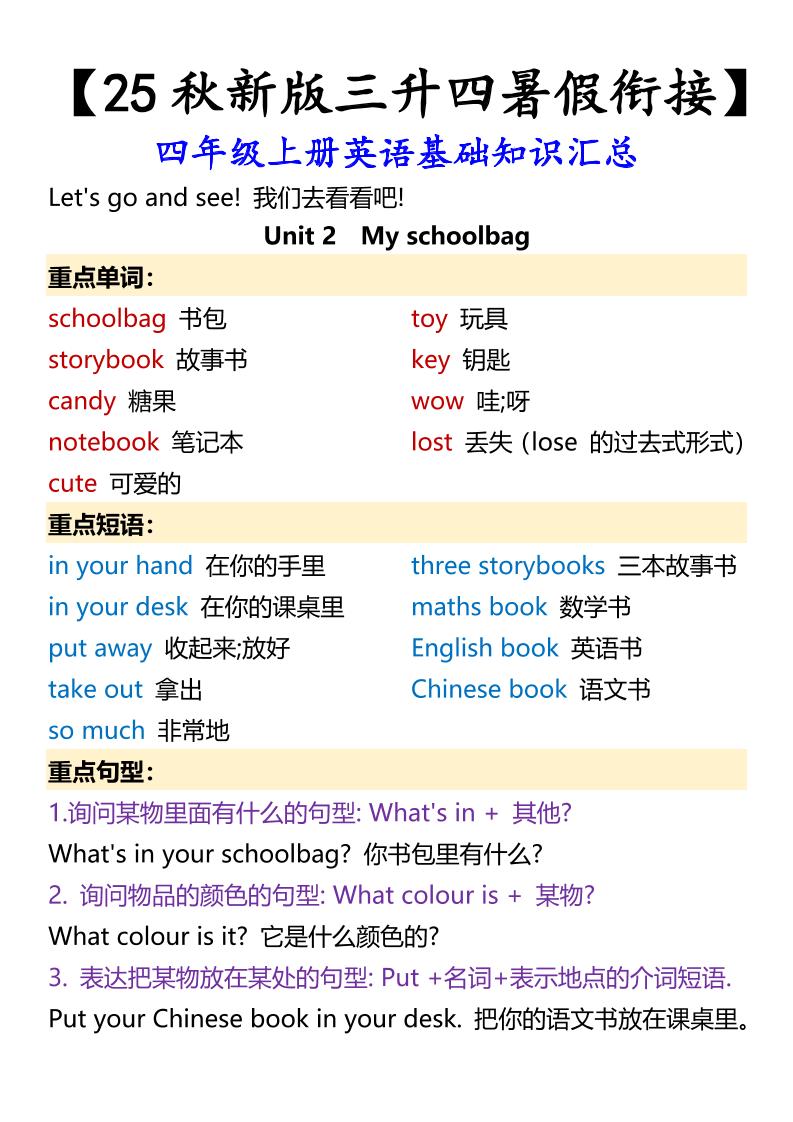 【2025秋新版】四年级上册英语基础知识汇总