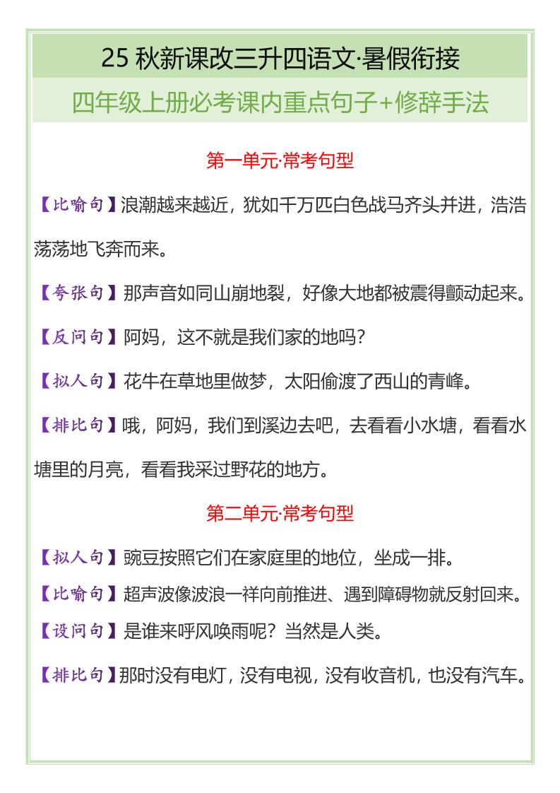 【2025秋新版】四年级上册语文必考课内重点句子+修辞手法
