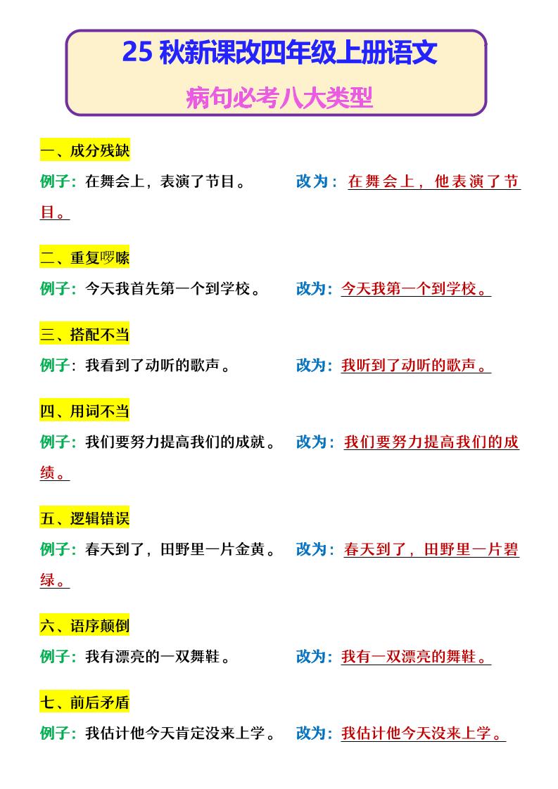 【2025秋新版】四年级上册语文病句必考八大类型