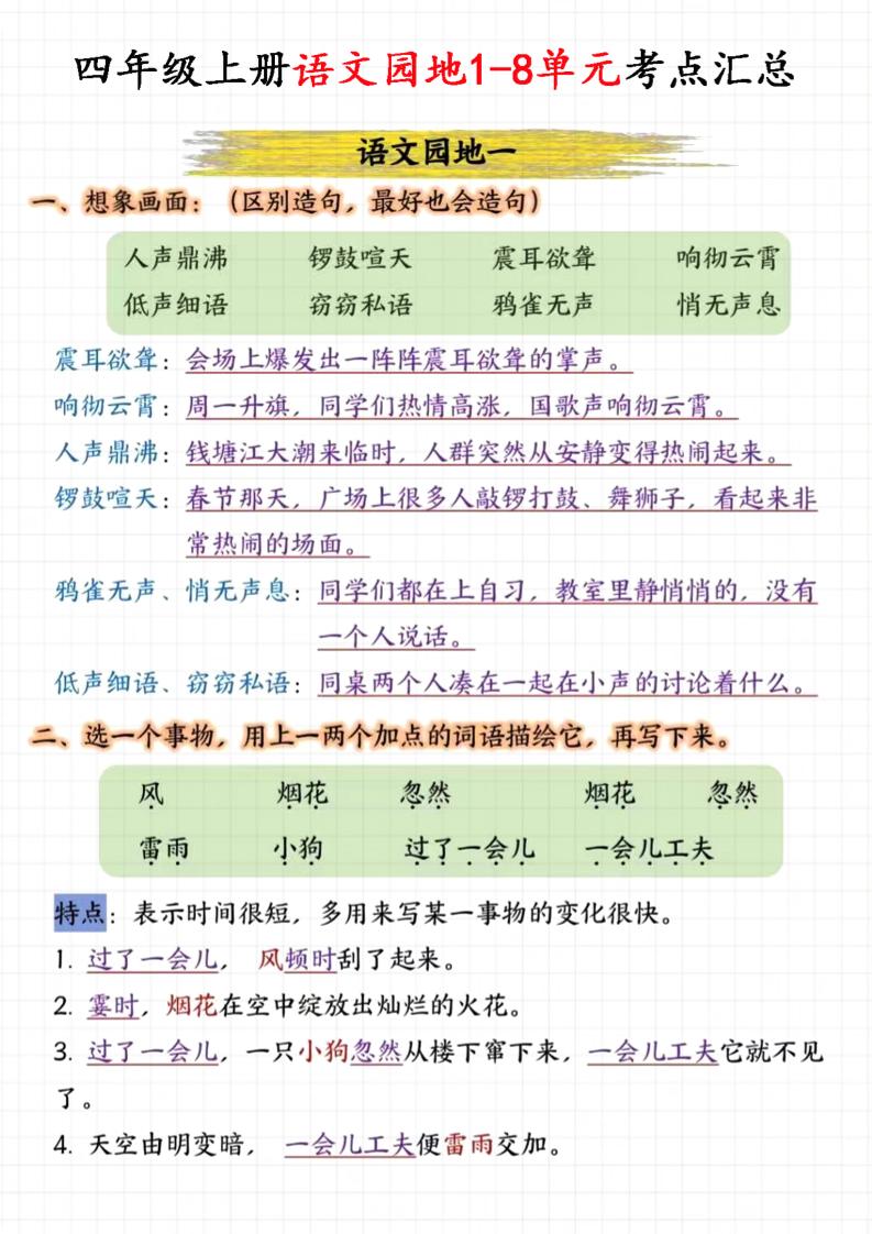 四上语文园地1-8单元考点汇总（15页）