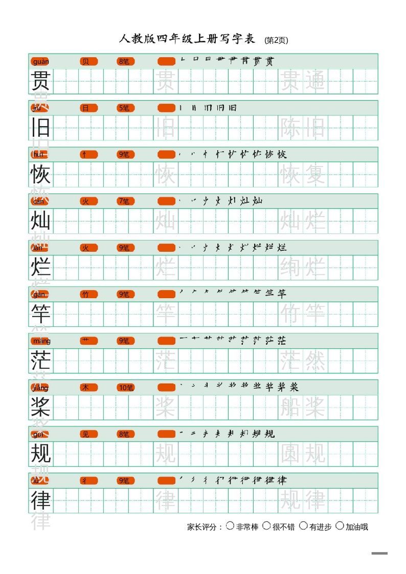 四年级语文上册写字表（20页）PDF