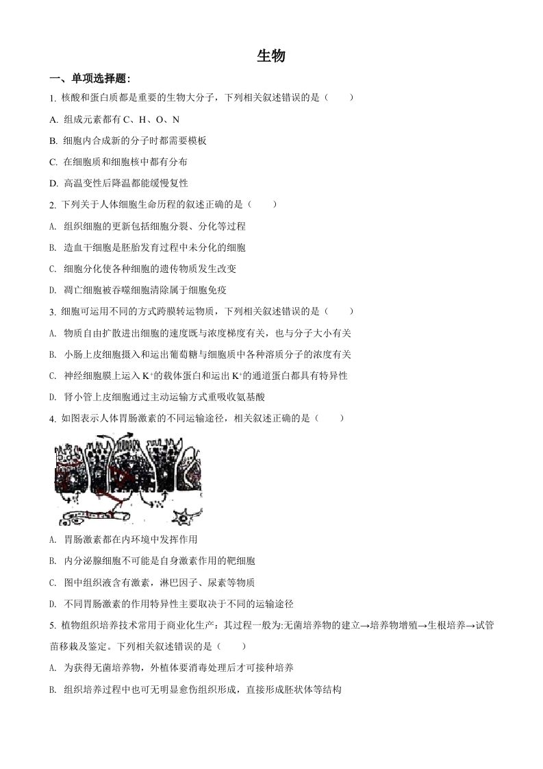 2021年高考生物试卷（江苏）（空白卷）