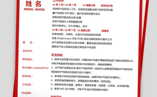 血红色精美风大学生计算机简历模板