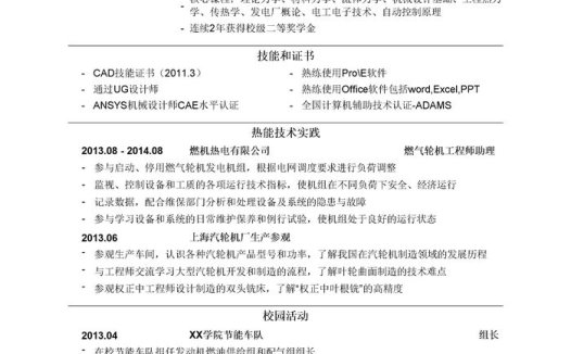 叶轮机运营工程师岗位简历模板