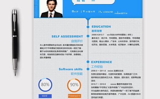 天蓝色精美风市场营销简历模板