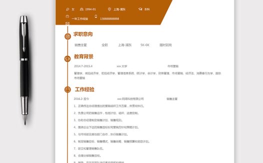 土黄色简约风销售主管个人简历模板