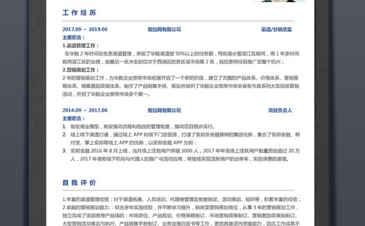 蓝色简约大气风格渠道销售个人简历模板