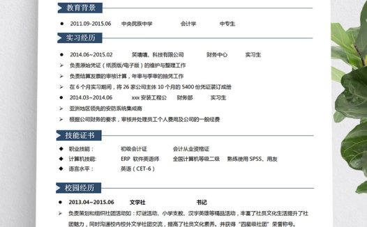 宝蓝色简约风中专生个人简历模板