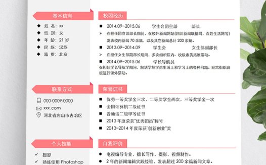 粉色可爱风新闻学生会个人简历模板