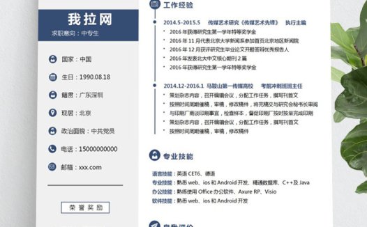 宝蓝色左右排版中专生个人简历模板