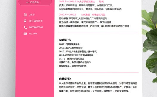 梅红色精美风市场营销学生会简历模板